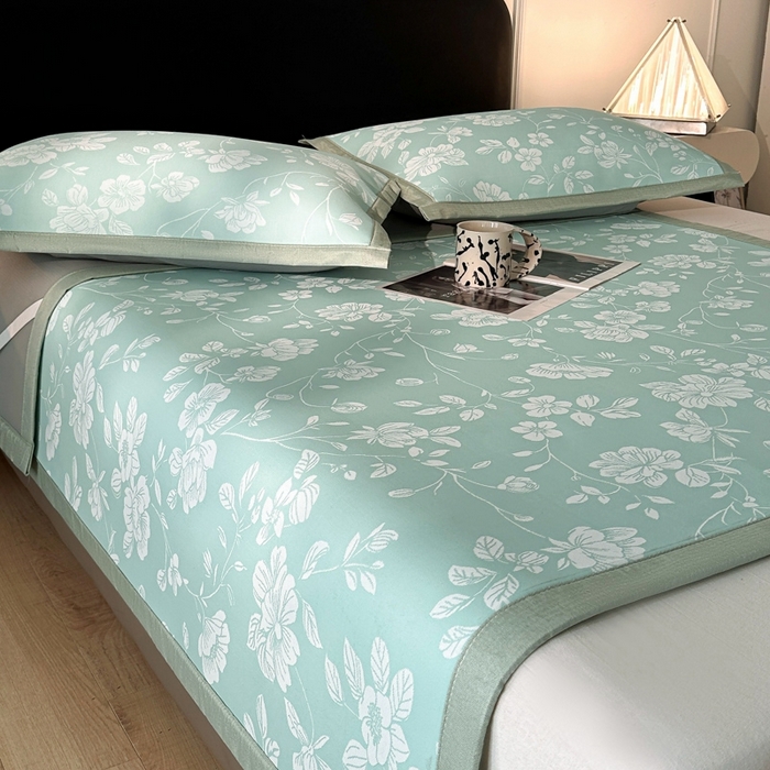 91家纺网 家纺一手货源 找家纺 慕尚家纺 2025春夏新款凉感冰丝提花凉席三件套 花语 绿