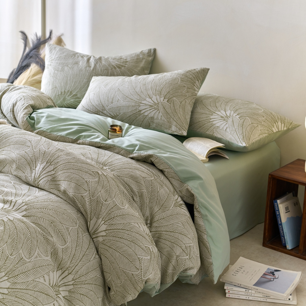 91家纺网 家纺一手货源 找家纺 金丝鸟2025新款全棉纯棉三层纱提花四件套 耶鲁斯绿