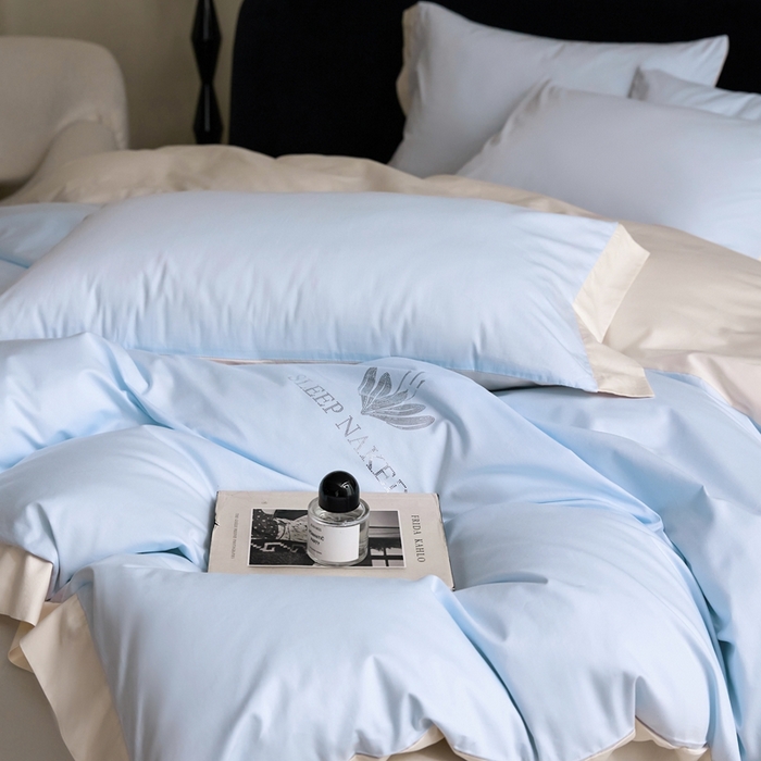 91家纺网 家纺一手货源 找家纺 金奇达家纺 2025春夏新款【特洛伊】红金裸盖™棉全棉纯棉红金裸盖棉四件套标准号全网控价（折后券后）不低于199元） 特洛伊-湖蓝