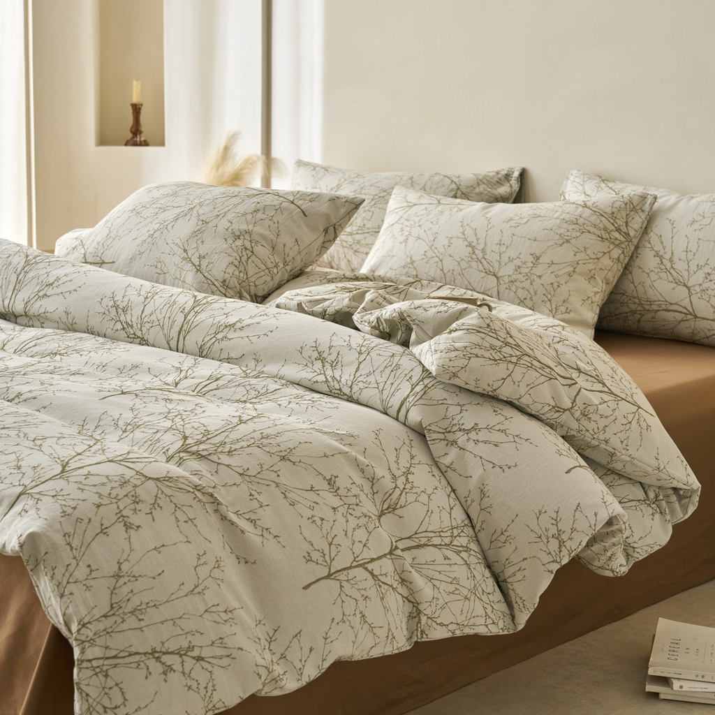 91家纺网 家纺一手货源 找家纺 （总）金丝鸟2025新款全棉纯棉双面三层纱提花四件套--凌寒