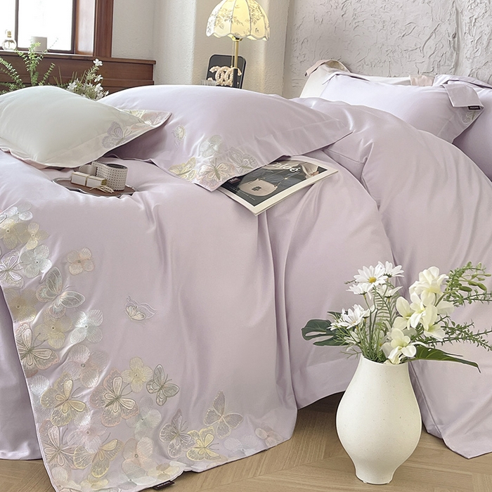 91家纺网 家纺一手货源 找家纺 春夏A类长绒棉夹棉床盖床笠四件套全棉纯棉纯色绗绣四季款保护罩高级感床上用品 茉婉-黛紫