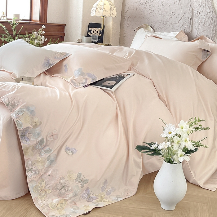 91家纺网 家纺一手货源 找家纺 春夏A类长绒棉夹棉床盖床笠四件套全棉纯棉纯色绗绣四季款保护罩高级感床上用品 茉婉-颜粉