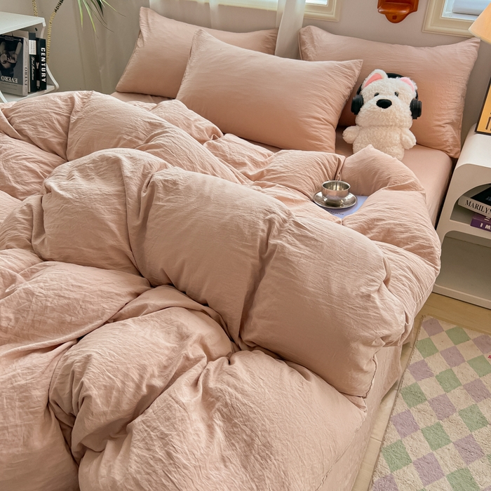 91家纺网 家纺一手货源 找家纺 韩巢家纺 2025新款ins日式风超柔水洗棉四件套 -纯色（提供卖家秀） 水洗棉奶咖