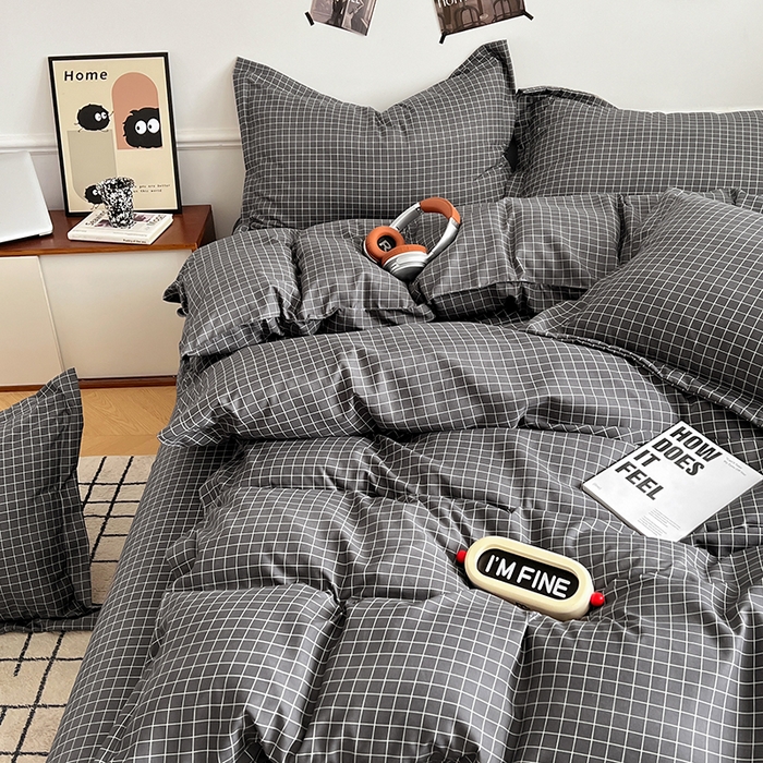 91家纺网 家纺一手货源 找家纺 罗菲尼酒店用品 2025新款磨毛亲肤飞边款四件套 黑小格