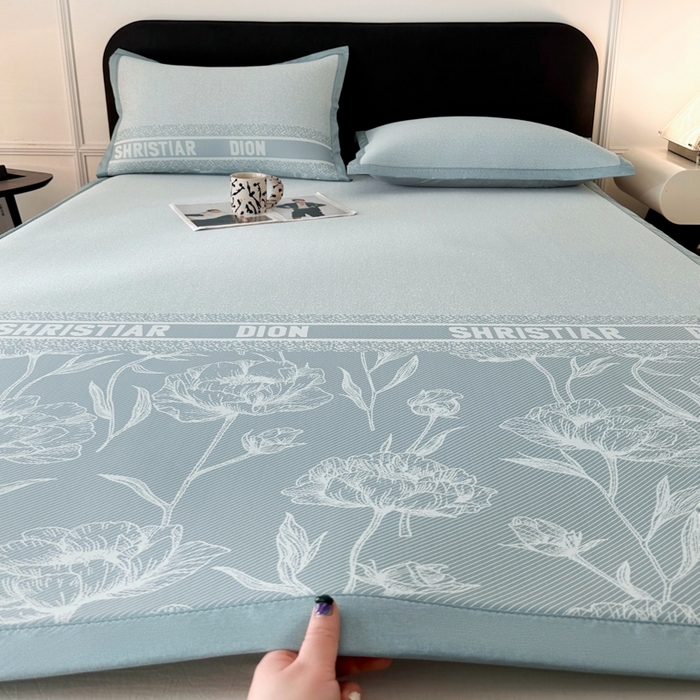 91家纺网 家纺一手货源 找家纺 慕尚家纺 2025春夏新款凉感冰丝提花凉席三件套 水仙 蓝