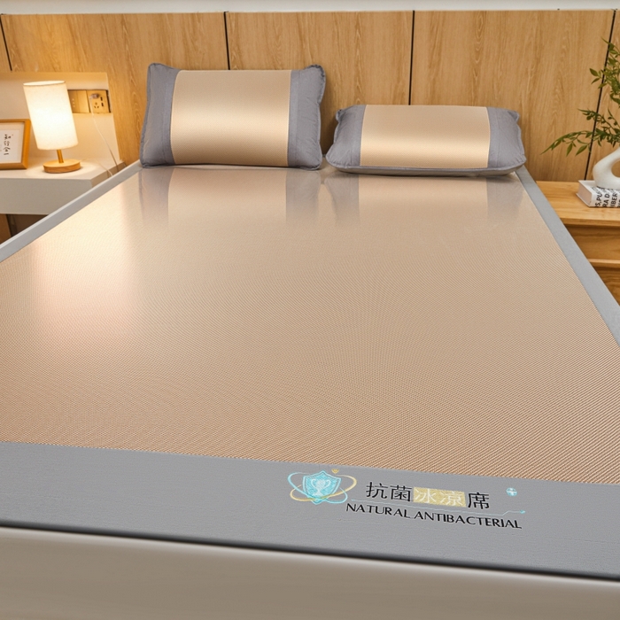 91家纺网 家纺一手货源 找家纺 阿亮家居 2025新款冰藤席凉席三件套包边抗菌刺绣款冰藤凉席 咖色-床席款