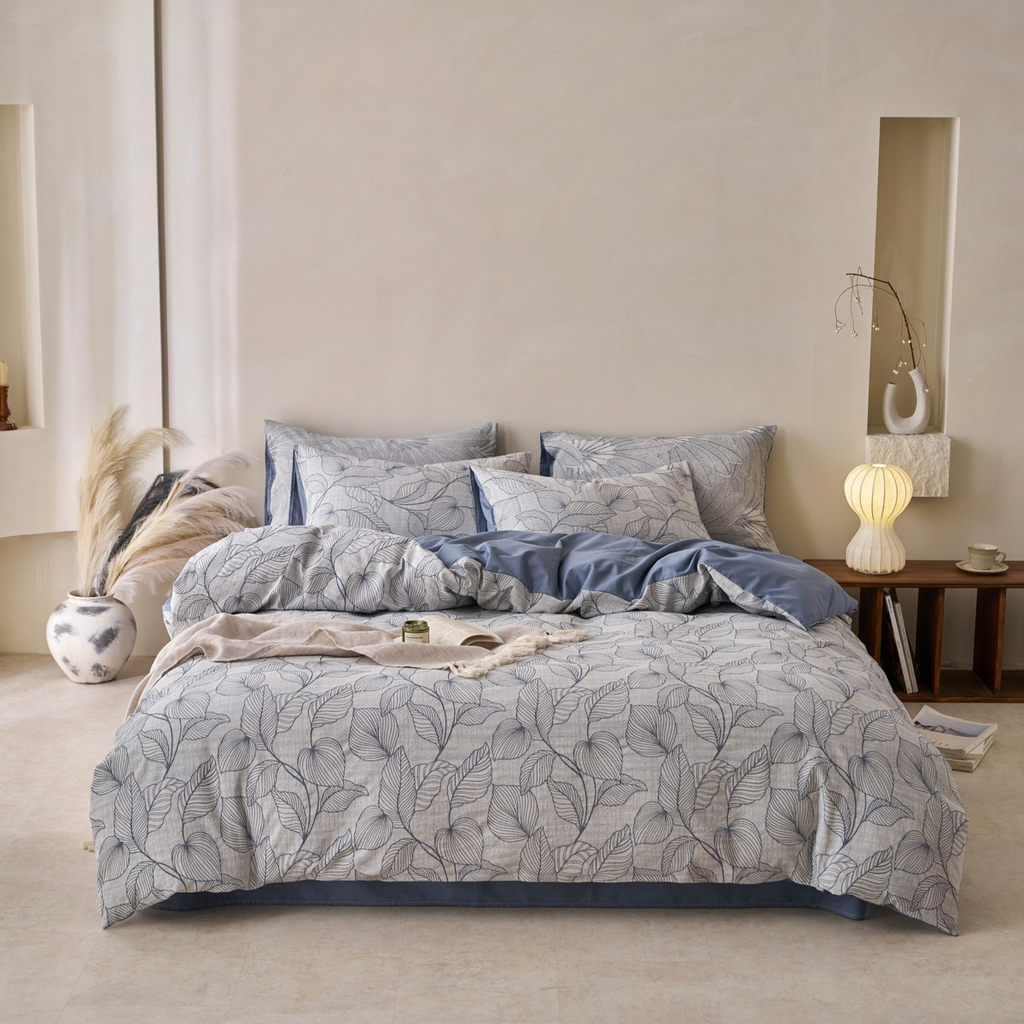 91家纺网 家纺一手货源 找家纺 金丝鸟2025新款全棉纯棉三层纱提花四件套 小叶雨林 兰