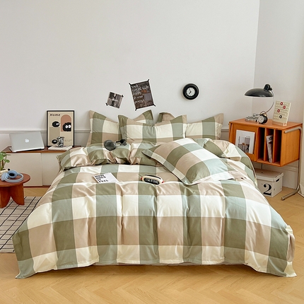 罗菲尼酒店用品 2025新款磨毛亲肤飞边款四件套 简约绿格