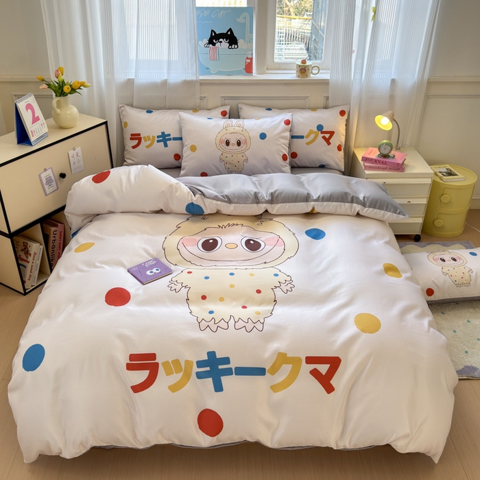 91家纺网 家纺一手货源 找家纺 摩卡（乐趣） 2025新款水洗真丝数码印花卡通兔系列四件套 奶糕兔