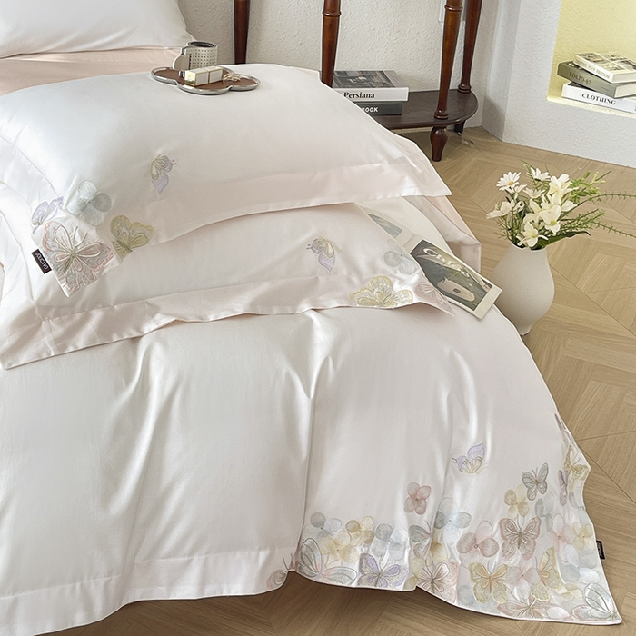 91家纺网 家纺一手货源 找家纺 直播爆款A类100支长绒棉夹棉床盖床笠四件套全棉纯棉床单加厚高端重工刺绣四季款床上用品 茉婉-白粉