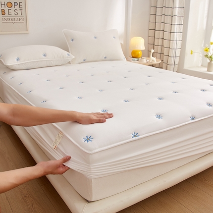 盛眠 2025新款水洗棉刺绣夹棉床笠床罩家用床垫套 雏菊 白色
