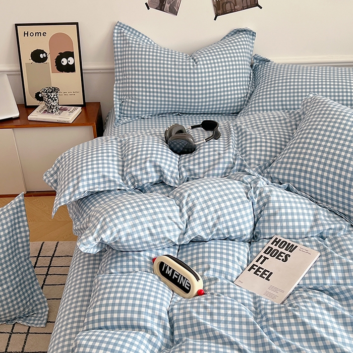 91家纺网 家纺一手货源 找家纺 罗菲尼酒店用品 2025新款磨毛亲肤飞边款四件套 蓝小格