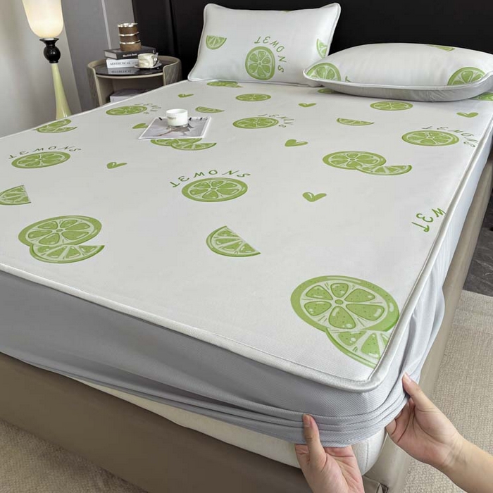 91家纺网 家纺一手货源 找家纺 2025新款印花冰丝凉席反面无纺布 冰丝-床笠款-青柠檬