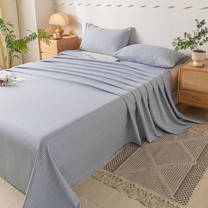 91家纺网 家纺一手货源 找家纺 阿亮家居 2025新款原棉老粗布床单系列 千鸟格-天蓝