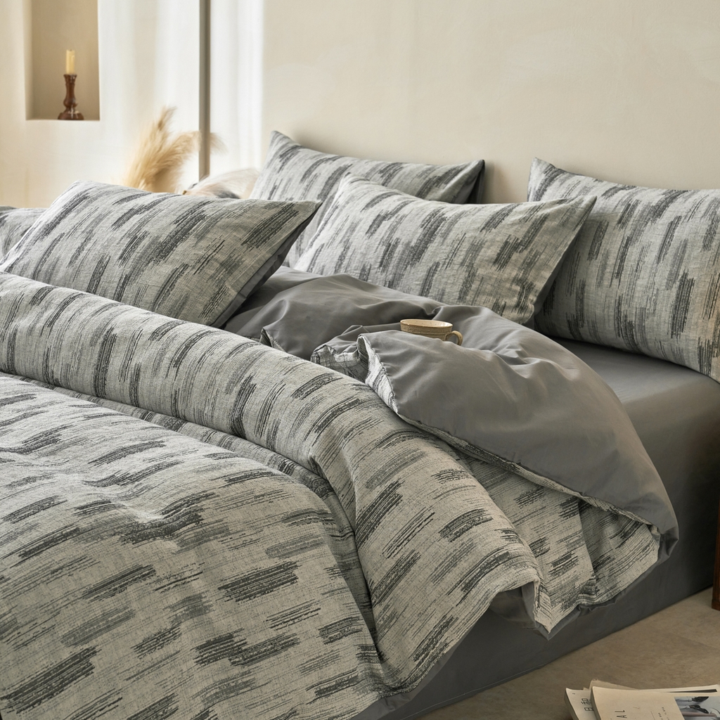 91家纺网 家纺一手货源 找家纺 金丝鸟2025新款全棉纯棉三层纱提花四件套 树影灰