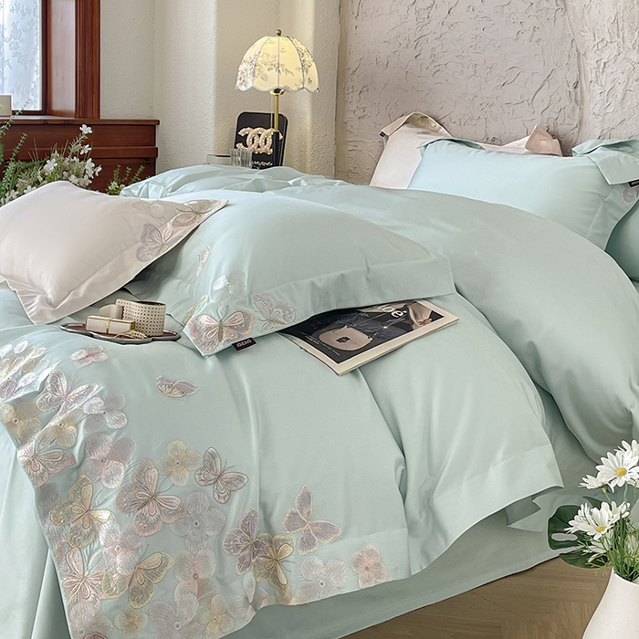 91家纺网 家纺一手货源 找家纺 春夏A类长绒棉夹棉床盖床笠四件套全棉纯棉纯色绗绣四季款保护罩高级感床上用品 茉婉-茶绿