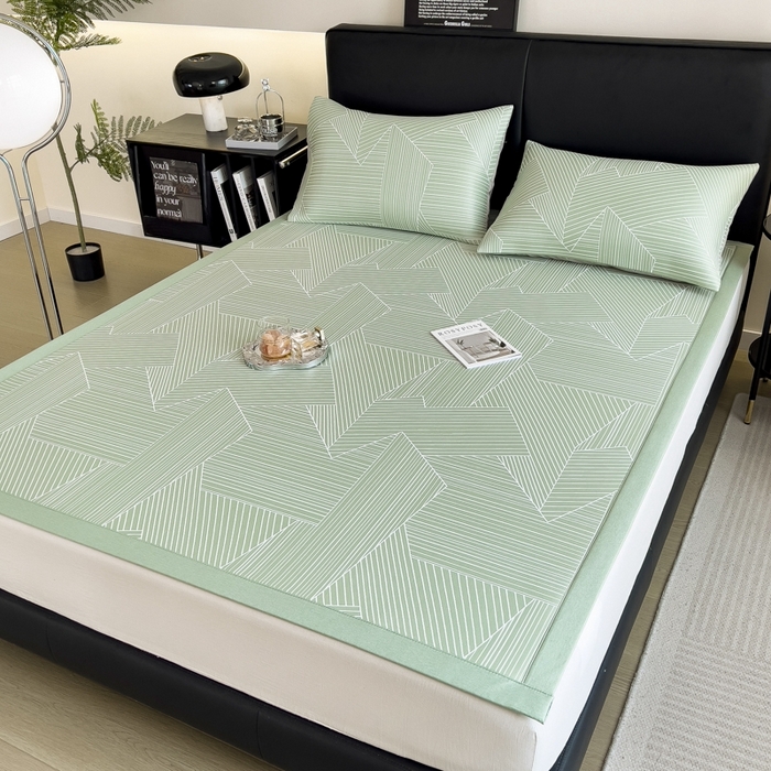 91家纺网 家纺一手货源 找家纺 慕尚家纺 2025春夏新款凉感冰丝提花凉席三件套 提花席 直线绿