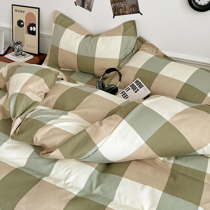 91家纺网 家纺一手货源 找家纺 罗菲尼酒店用品 2025新款磨毛亲肤飞边款四件套 简约绿格