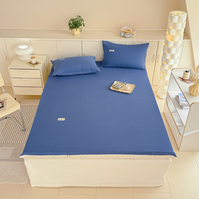 91家纺网 家纺一手货源 找家纺 眠博士 2025新款A类学生床全棉华夫格床垫套 全棉华夫格床垫套 天蓝