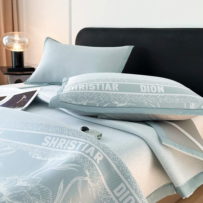 91家纺网 家纺一手货源 找家纺 慕尚家纺 2025春夏新款凉感冰丝提花凉席三件套 水仙 蓝