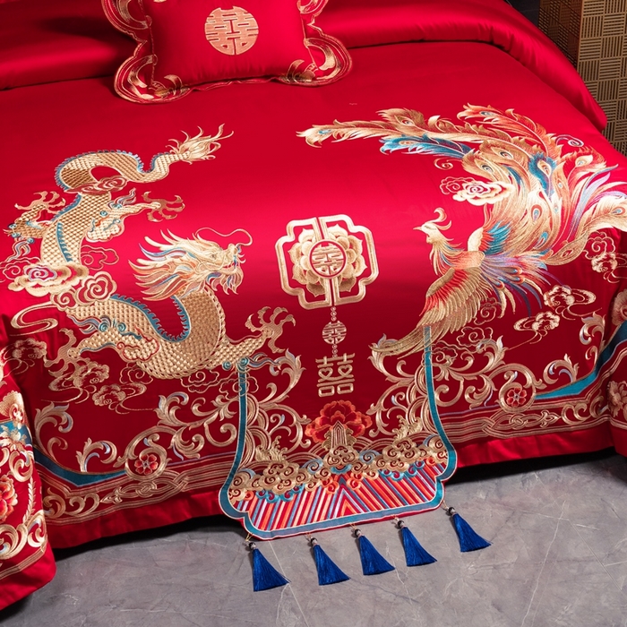 91家纺网 家纺一手货源 找家纺 慕她家纺 慕她婚庆四件套大红色磨毛亲肤棉刺绣结婚工艺款床上用品 挚恋龙凤