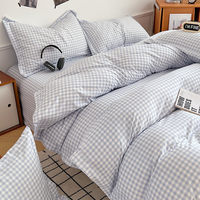 91家纺网 家纺一手货源 找家纺 罗菲尼酒店用品 2025新款磨毛亲肤飞边款四件套 蓝白小格