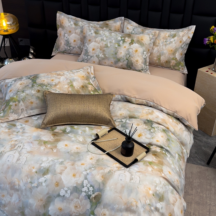 91家纺网 家纺一手货源 找家纺 竹合 2025新款数码印花轻奢凉感四件套 虞美人咖