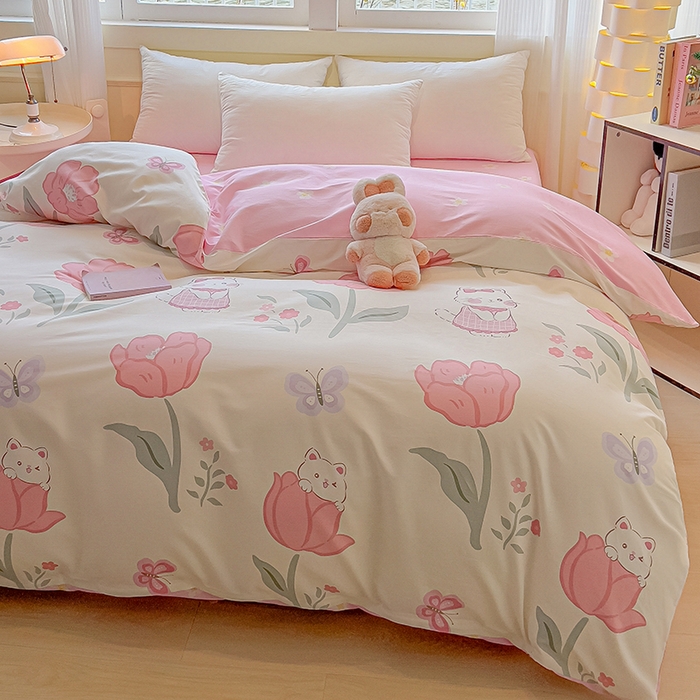 91家纺网 家纺一手货源 找家纺 拾物记 2025新款A类无荧光全喷气全棉12868单被套 花欣猫趣-粉