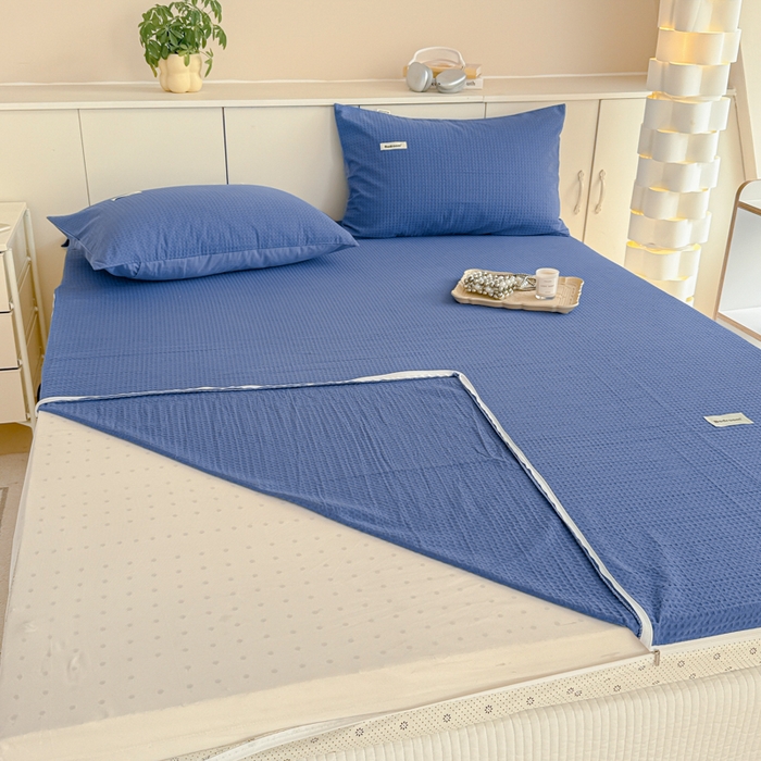 91家纺网 家纺一手货源 找家纺 眠博士 2025新款A类学生床全棉华夫格床垫套 全棉华夫格床垫套 天蓝