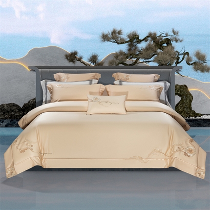 高大尚婚庆馆 2025新款长绒棉高端绣花四件套-罗曼蒂 罗曼蒂卡其色