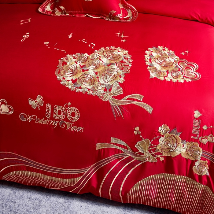 91家纺网 家纺一手货源 找家纺 慕她家纺 慕她婚庆四件套大红色磨毛亲肤棉刺绣结婚工艺款床上用品 两心相悦