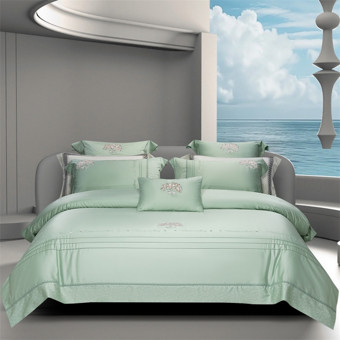 91家纺网 家纺一手货源 找家纺 高大尚婚庆馆 2025新款高端绣花四件套-艾莎 艾莎-油果绿