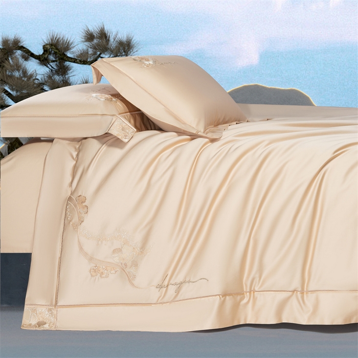 91家纺网 家纺一手货源 找家纺 高大尚婚庆馆 2025新款长绒棉高端绣花四件套-罗曼蒂 罗曼蒂卡其色