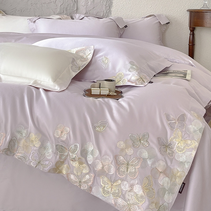 91家纺网 家纺一手货源 找家纺 春夏A类长绒棉夹棉床盖床笠四件套全棉纯棉纯色绗绣四季款保护罩高级感床上用品 茉婉-黛紫