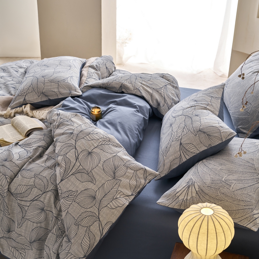 91家纺网 家纺一手货源 找家纺 金丝鸟2025新款全棉纯棉三层纱提花四件套 小叶雨林 兰