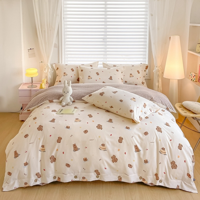 91家纺网 家纺一手货源 找家纺 星窝家纺 2025新款纽扣款水洗棉印花四件套 嘟嘟熊