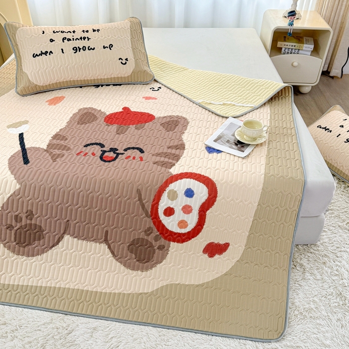 91家纺网 家纺一手货源 找家纺 希廷顿 2025新款大版印花乳胶凉席三件套 猫咪画家