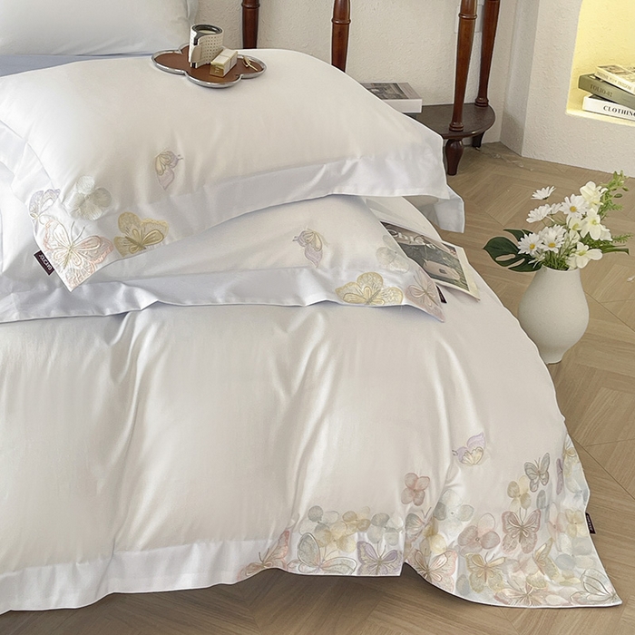 91家纺网 家纺一手货源 找家纺 高端轻奢A类母婴级长绒棉全工艺刺绣四件套纯棉全棉高端春夏季爆款床上用品 茉婉-白蓝