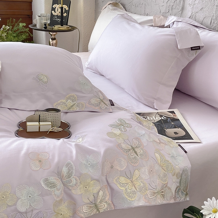 91家纺网 家纺一手货源 找家纺 春夏A类长绒棉夹棉床盖床笠四件套全棉纯棉纯色绗绣四季款保护罩高级感床上用品 茉婉-黛紫