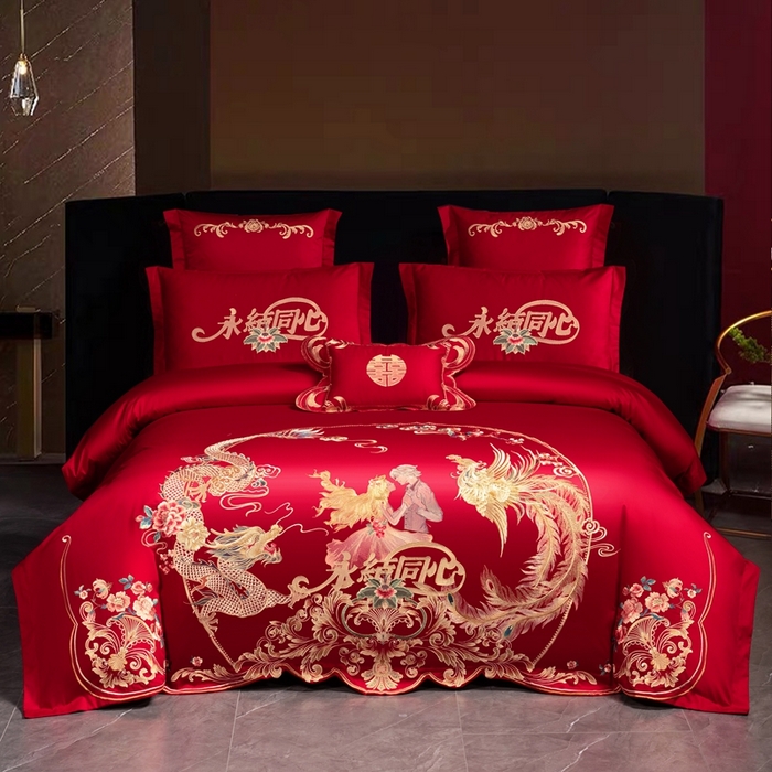 91家纺网 家纺一手货源 找家纺 慕她家纺 慕她婚庆四件套大红色磨毛亲肤棉刺绣结婚工艺款床上用品 幸福永驻