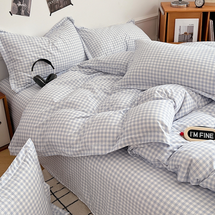 91家纺网 家纺一手货源 找家纺 罗菲尼酒店用品 2025新款磨毛亲肤飞边款四件套 蓝白小格