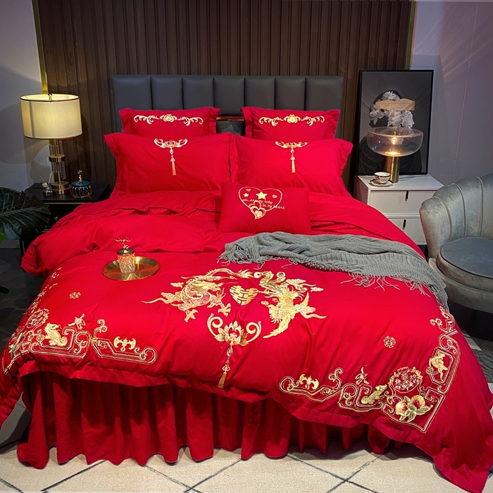 91家纺网 家纺一手货源 找家纺 慕她家纺 慕她婚庆四件套大红色磨毛亲肤棉刺绣结婚工艺款床上用品 龙凤传情