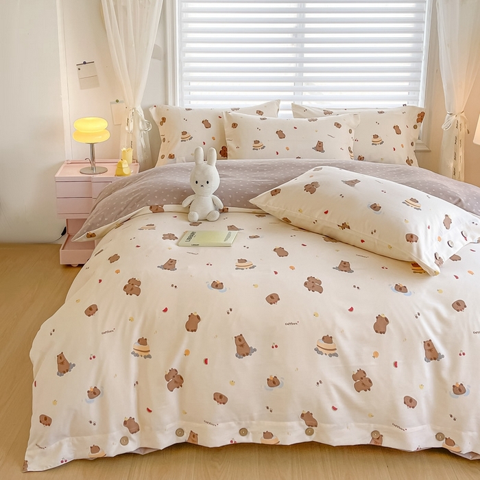 91家纺网 家纺一手货源 找家纺 星窝家纺 2025新款纽扣款水洗棉印花四件套 嘟嘟熊