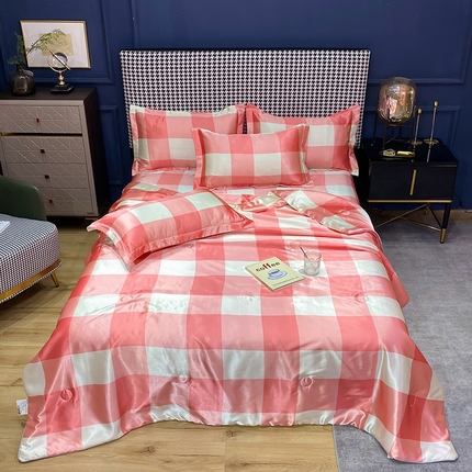 经年 2025新款条纹丝绸冰丝夏被 红白大格-夏被