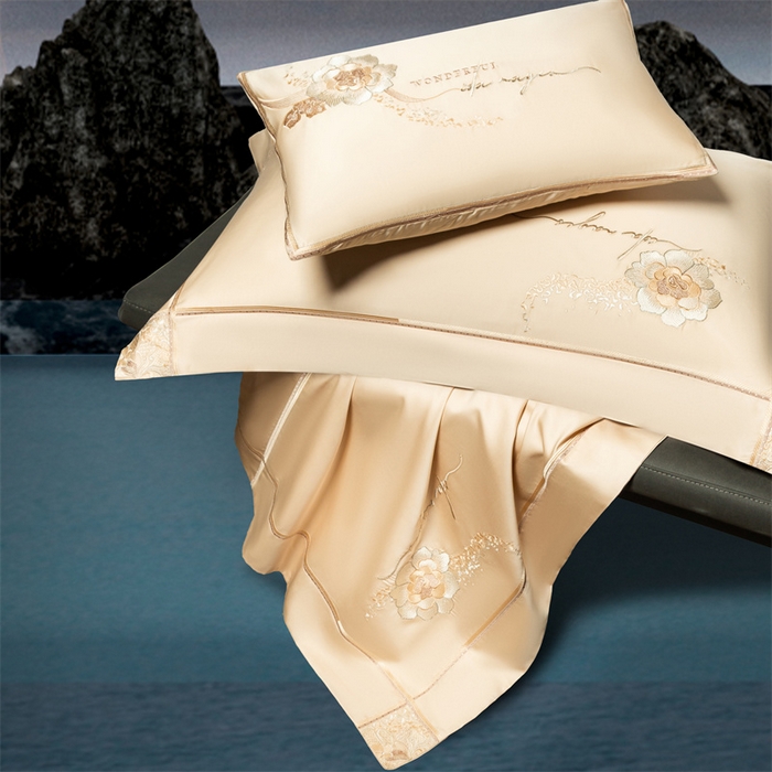 91家纺网 家纺一手货源 找家纺 高大尚婚庆馆 2025新款长绒棉高端绣花四件套-罗曼蒂 罗曼蒂卡其色