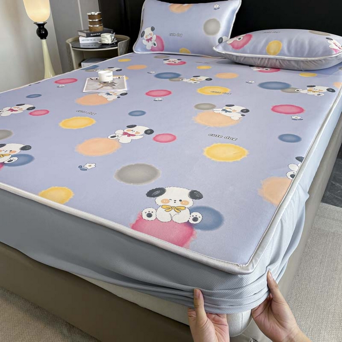 91家纺网 家纺一手货源 找家纺 2025新款印花冰丝凉席反面无纺布 冰丝-床笠款-萌萌犬