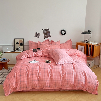 罗菲尼酒店用品 2025新款磨毛亲肤飞边款四件套 时尚粉格