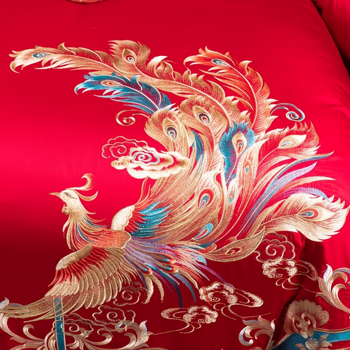 91家纺网 家纺一手货源 找家纺 慕她家纺 慕她婚庆四件套大红色磨毛亲肤棉刺绣结婚工艺款床上用品 挚恋龙凤