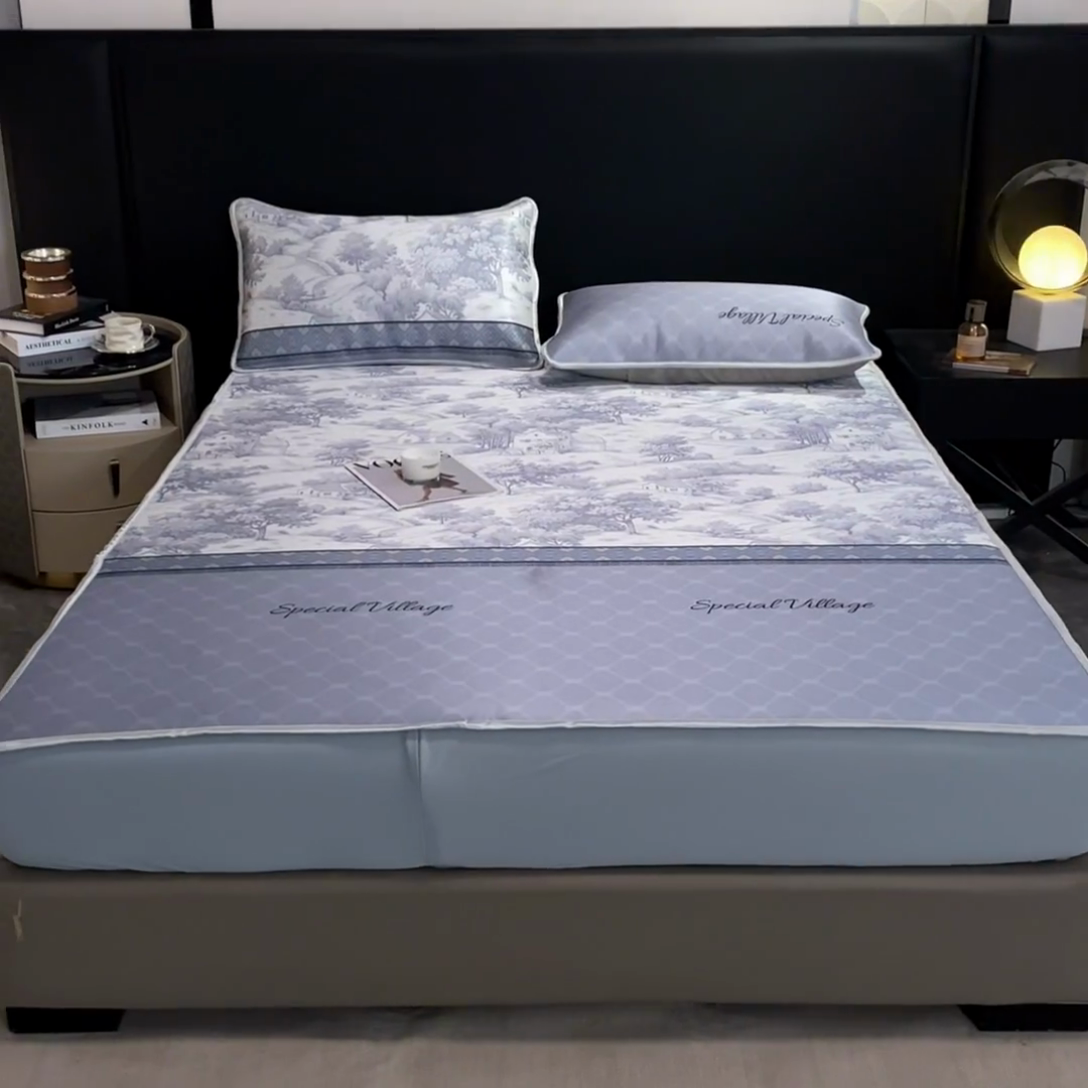 91家纺网 家纺一手货源 找家纺 2025新款印花冰丝凉席反面无纺布 冰丝-床笠款-花海