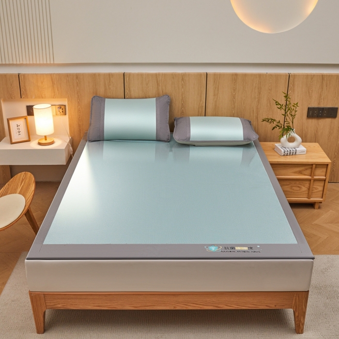 91家纺网 家纺一手货源 找家纺 阿亮家居 2025新款冰藤席凉席三件套包边抗菌刺绣款冰藤凉席 绿色-床席款